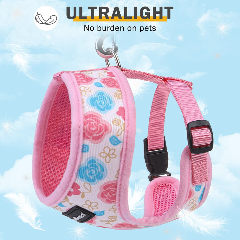 SCENEREAL Small Dog Harness Collar and Leash Set, Adjustable No Pull Pet Harnesses, No Chock Soft Mesh Step in Vest for Doggie Puppy Medium Dogs Cats Girl or Boy,Chihuahua, Yorkie, Outdoor Walking Pink-Floral (With Collar) S: Chest Girth: 14"-18" - PawsPlanet Australia