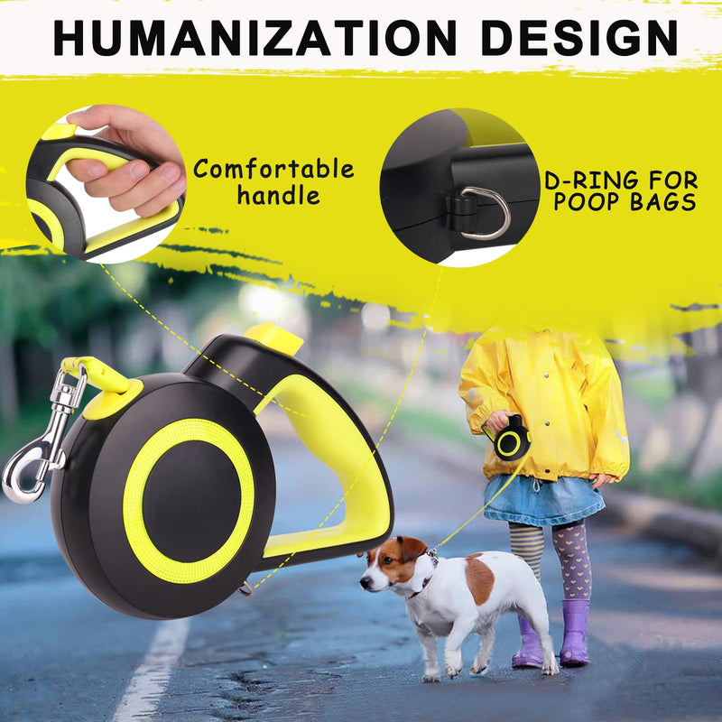 16Ft Retractable Dog Leash Lightweight Leash for Small Medium Dogs/Cats Up to 44lbs,One-Handed Brake,Stainless Steel Spring,Featuring Reflective.(Black-Yellow) Black-yellow - PawsPlanet Australia