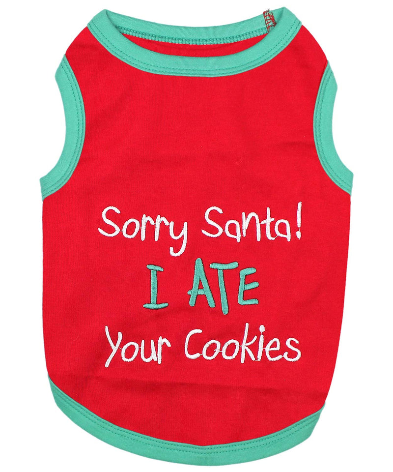 Parisian Pet Dog T-Shirt - Embroidered 'Sorry Santa I Ate Your Cookies' - Lightweight Cotton Dog Christmas Outfit - Sleeveless - 5XL - PawsPlanet Australia