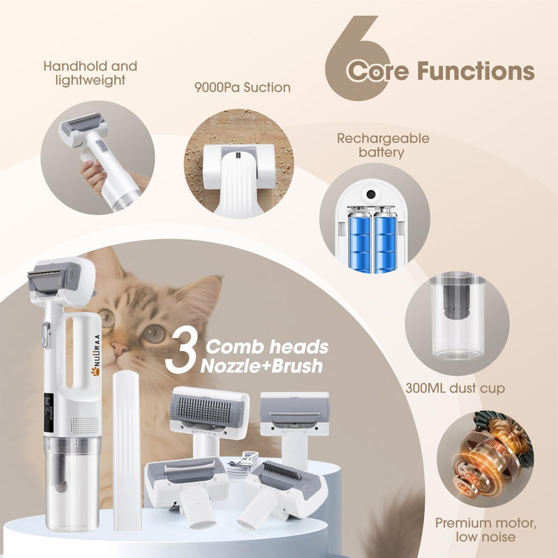 Pet Grooming Vacuum Kits-Dog&Cats Hair Remover Dematting Shedding, Cordless Handheld and Rechargeable Machine Friendly Noise with 9K Suction 300ml Dust Cup Travel/Household