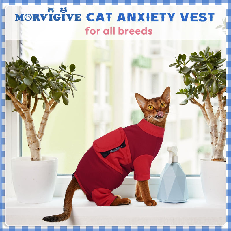 Adjustable Calming Suit Cat Clothes with Zipper, Anxiety Jacket Vest, Cat Apparel for Fireworks, Separation, Thunderstorms, Loud Noises, Comfortable Wrap Reduce Anxiety, Red X-Large X-Large(Back Length 14.17'') - PawsPlanet Australia