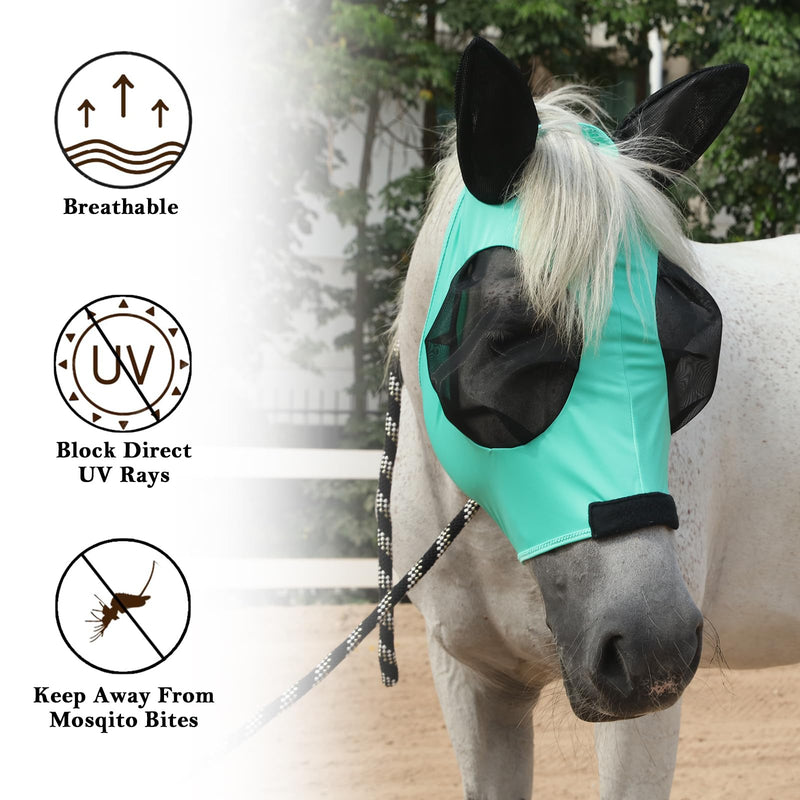 Horse Fly Mask with Ears - Large Eye Space for Full Vision, Breathable Stretch Comfort Fit, UV Protection, Forelock Opening, Easy Pull-On Green Full