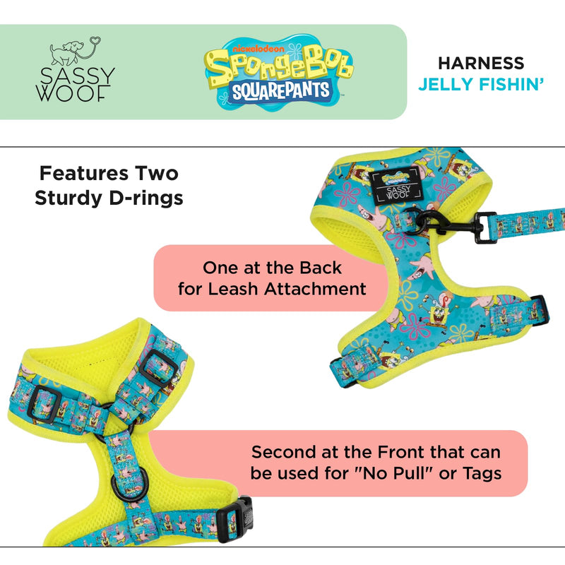 Sassy Woof Dog Adjustable Harness - Spongebob Squarepants™ Jelly Fishin' - S, Breathable Mesh, No Pull Design with Two D-Rings, Patented Design, Perfect for Small Dogs - Officially Licensed - PawsPlanet Australia