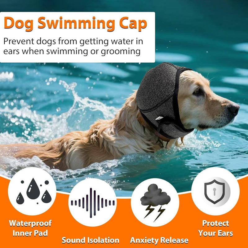 Dog Calm Hoodie Ear Wraps for Dogs, Waterproof Dog Swim Cap, Ear Cover Muffs for Anxiety Relief Noise Cancelling, Dog Head Warp Ear Protection for Hematoma Fireworks Bath Swim Blow Drying(M,Greye) Medium(Head Circle:14"-19") GREY
