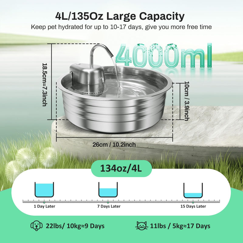 Cat Water Fountain, 4L/135OZ Stainless Steel Pet Fountain Dog Water Dispenser Bowl Cat Drinking Fountains Watering Supplies with Ultra-Quiet Pump for Cats, Dogs, Multiple Pets Indoor - PawsPlanet Australia