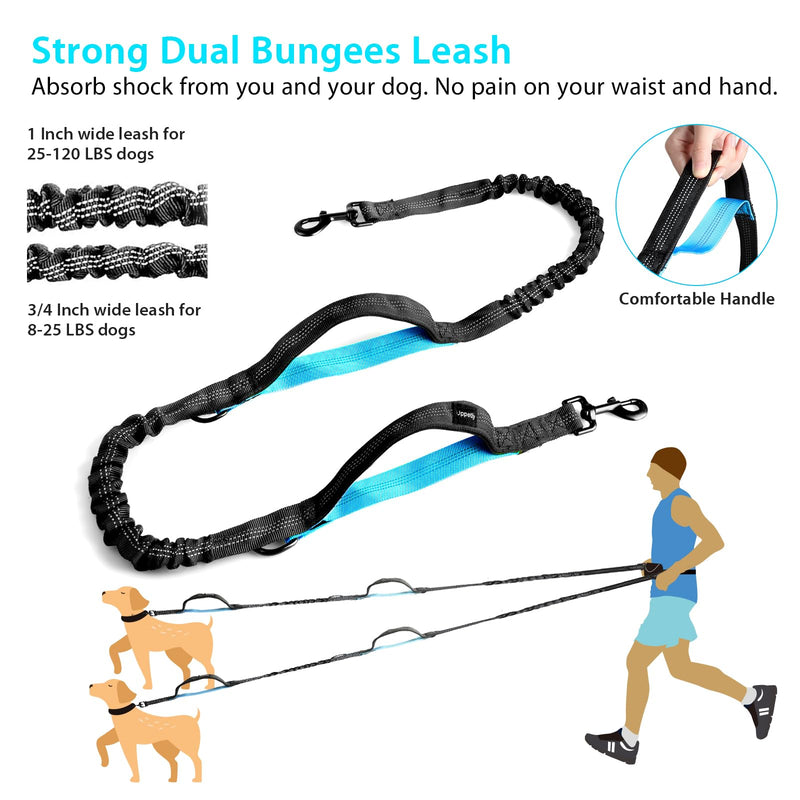 Hands Free Dog Running Leash with Adjustable Waist Belt, Dual Handle Elastic Bungees Retractable Rope for Small and Medium Dogs, Reflective Stitches for Walking Hiking Biking (Medium, 8-25lb) 1 dog/Blue