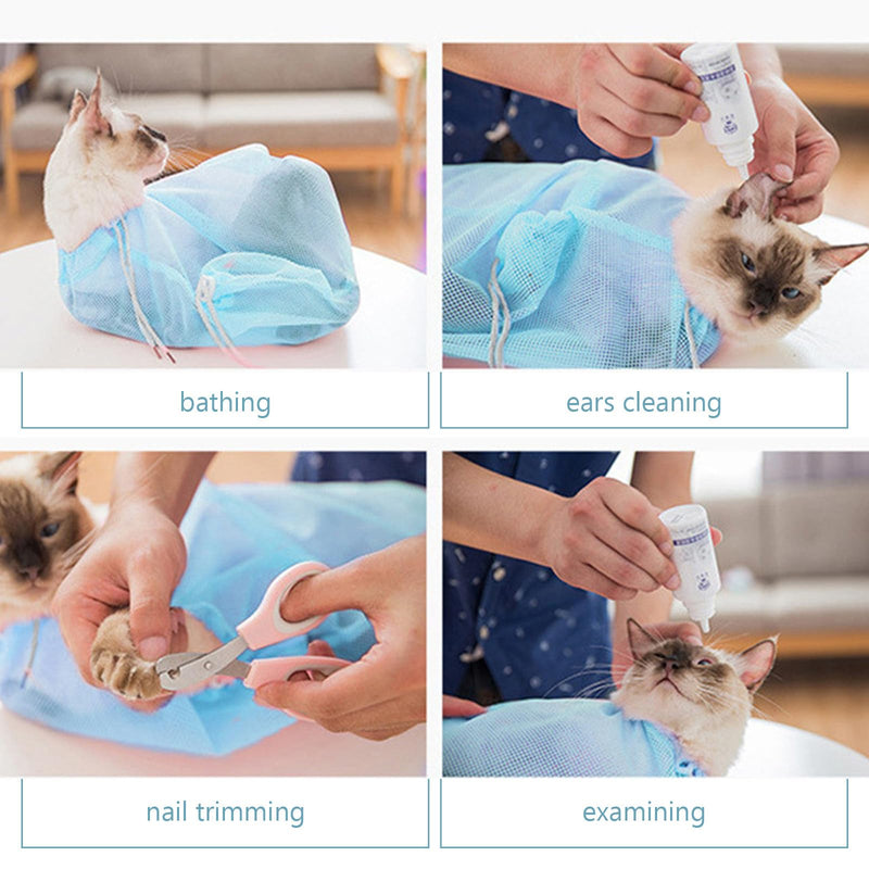 Cat bath bag and anti-nail bag with adjustable polyester mesh for easy cat grooming and nail trimming while bathing
