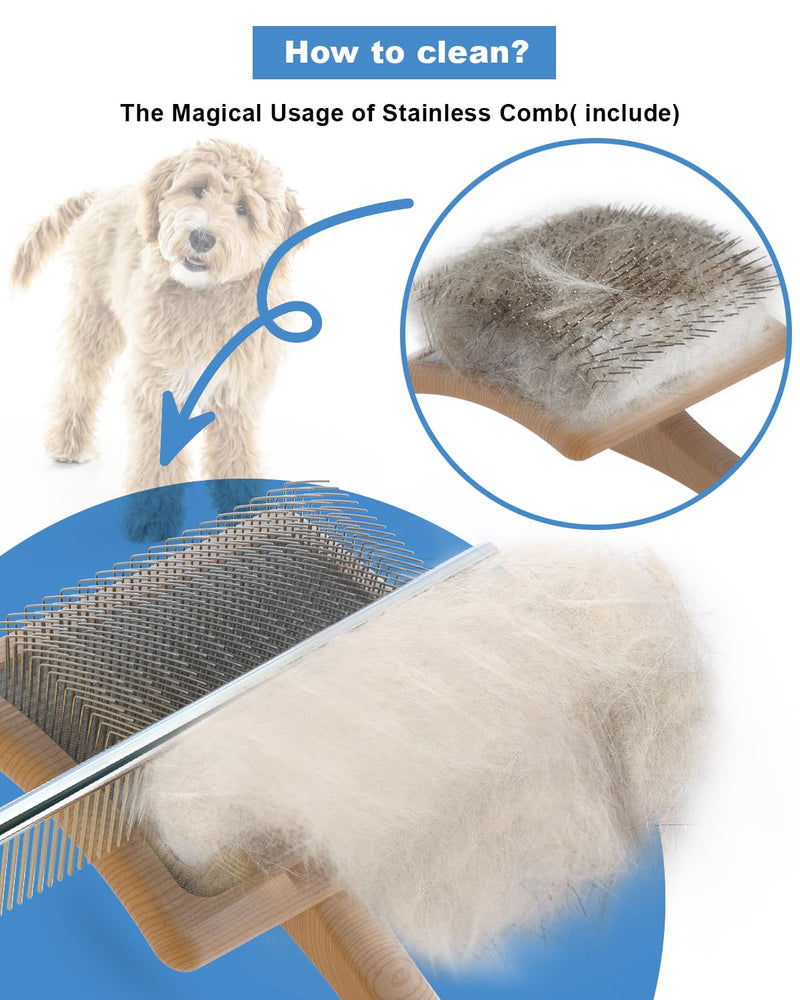 Dog Slicker Brush, Large Dog Brush, Professional Doodles Brush, for Poodles, Goldendoodles and Labradoodles, Easy to Remove Tangles, Mats and Fluff, 3.8''*3.2'' Head, 8'' Body, Large, Wood L - PawsPlanet Australia