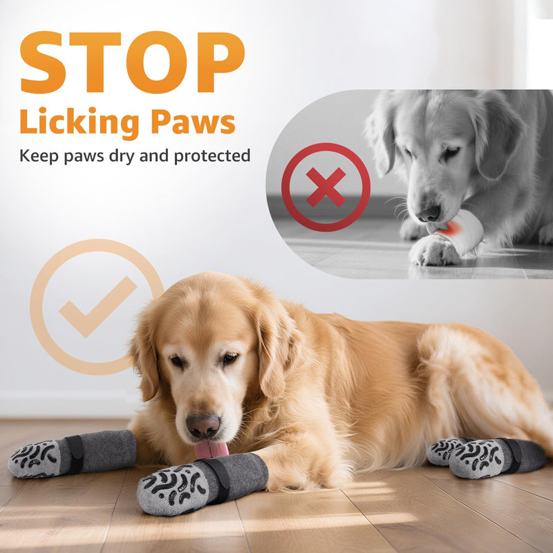 Double Sides Non-Slip Dog Socks to Prevent Licking Paws - Strong Traction for Hardwood Floors, Senior Dogs, Paw Protector, Dog Socks with Grippers - Size Large Grey Large(Pack of 4)