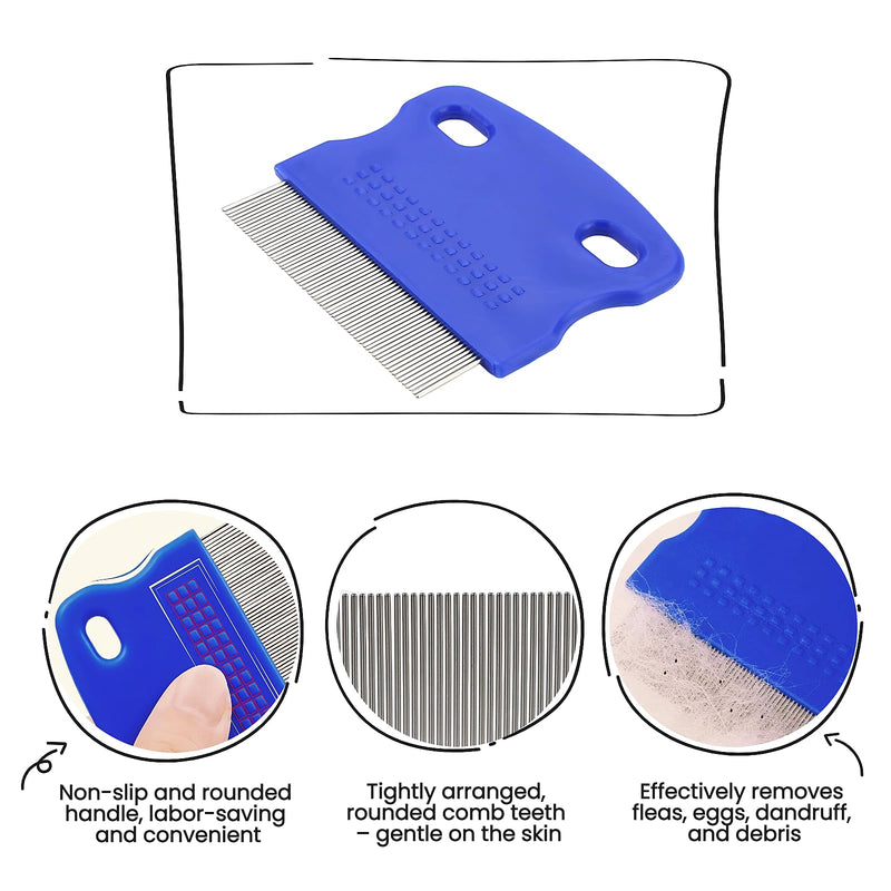 5 Pack Flea & Lice Comb Set for Cats, Dogs & Kids – Stainless Steel Fine Tooth Nit Comb Kit with Double-Sided Tear Stain Remover, Grooming Brush & Peine para Piojos for Thick Hair (Blue) Blue 1-Pack