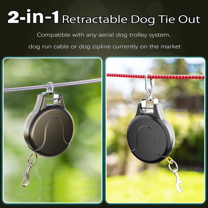 30ft Retractable Dog Tie Out Cable - 2-in-1 Retractable Dog Tie Out for Dog Zipline,Aerial Run Cable,Dog Tie Out Trolley Or Dog Stake Dog Anchor, No Tangle Retractable Tie Out Reel for Camping Or Yard 30FT Black