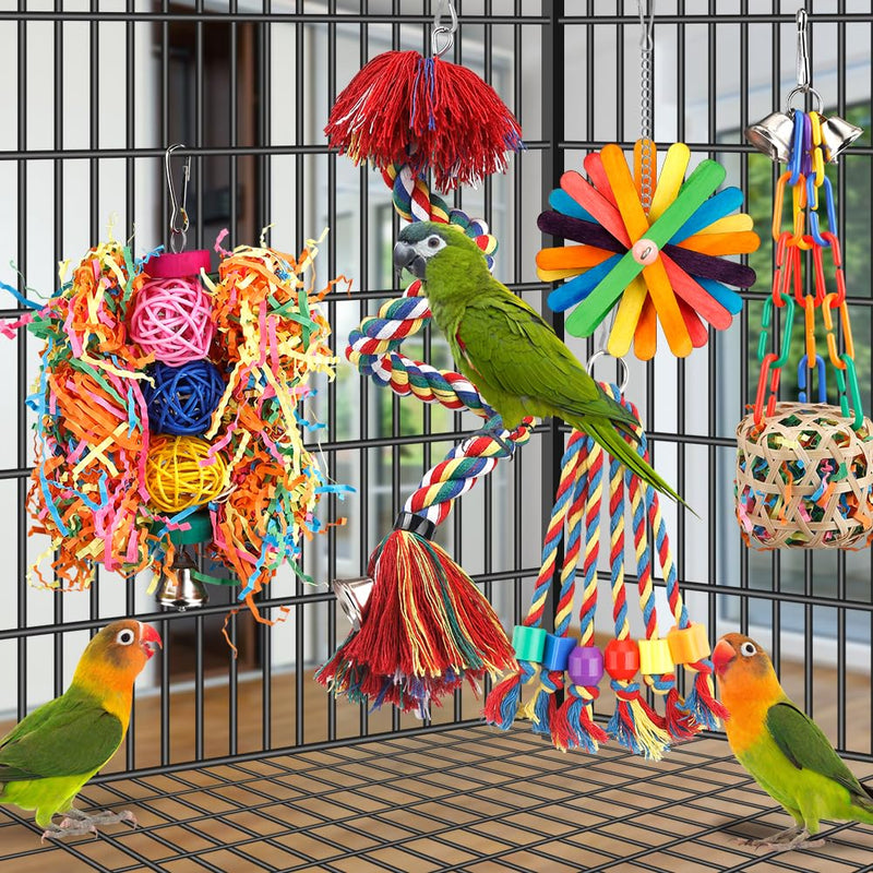Bird Toys Rope Perch with Bell Colorful Bird Chewing Shredding Foraging Toys Parrot Swing Climbing Standing Hanging Toys Cage Accessories for Conure Cockatiel Budgies Lovebird - PawsPlanet Australia