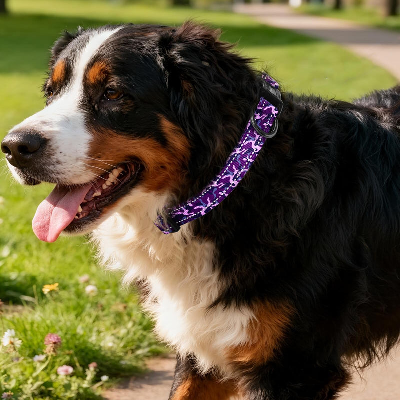Kazazoo Reflective Dog Collar with Soft Padding Dog Collar for Large Dogs, Reflective Wide Nylon Adjustable Collar with Soft Padding, Durable Buckle for Pitbull Labrador Retriever,Girl Purple camo-L L