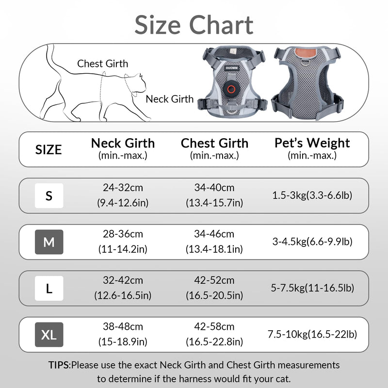 Cat Harness and Leash Set With AirTag Holder, Upgraded Escape Proof Adjustable Kitten Vest with Lead for Small Cat Outdoor Walking, Soft Breathable Mesh Jacket with Reflective Strips M, Gray Grey