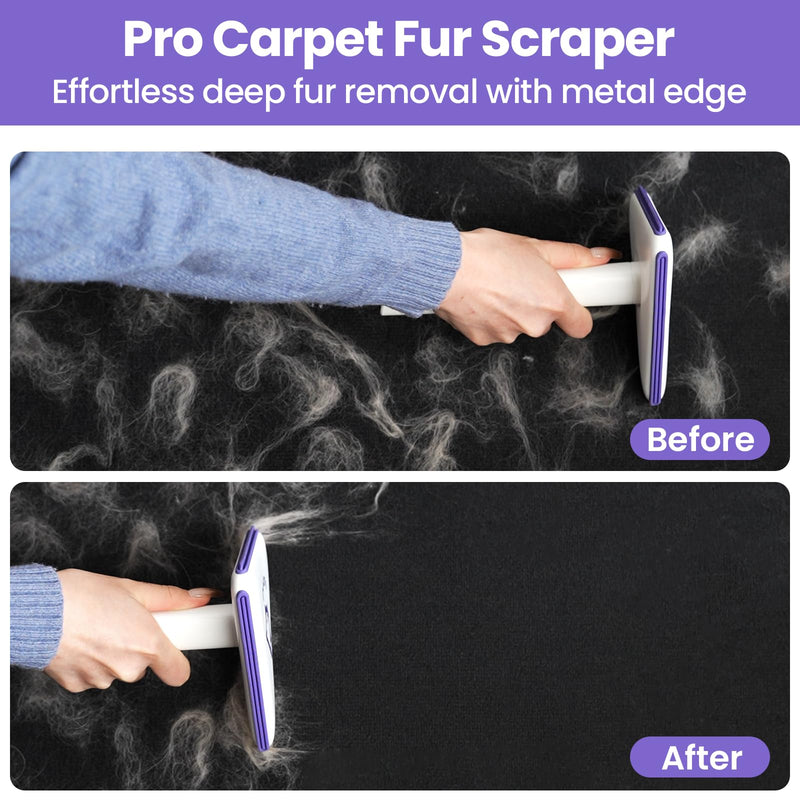 Multi-Use Pet Hair Removal Tool: DELOMO Handheld Fur Rake Scraper – Metal Side for Deep Cleaning on Carpets, Rugs & Car Mats, and Rubber Side for Gentle Cleaning on Couches – Ideal for Pet Homes A: Purple
