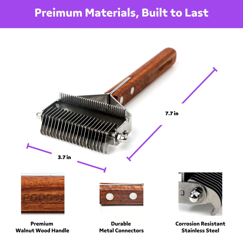 2 in 1 Dogs Cats Dematting Grooming Comb, Perfect Deshedding Undercoat Rake for Poodle & Goldendoodle, Efficiently Detangling Shedding Loose Hair & Matted Fur, All Long Haired Pet (Dark) Dark Walnut