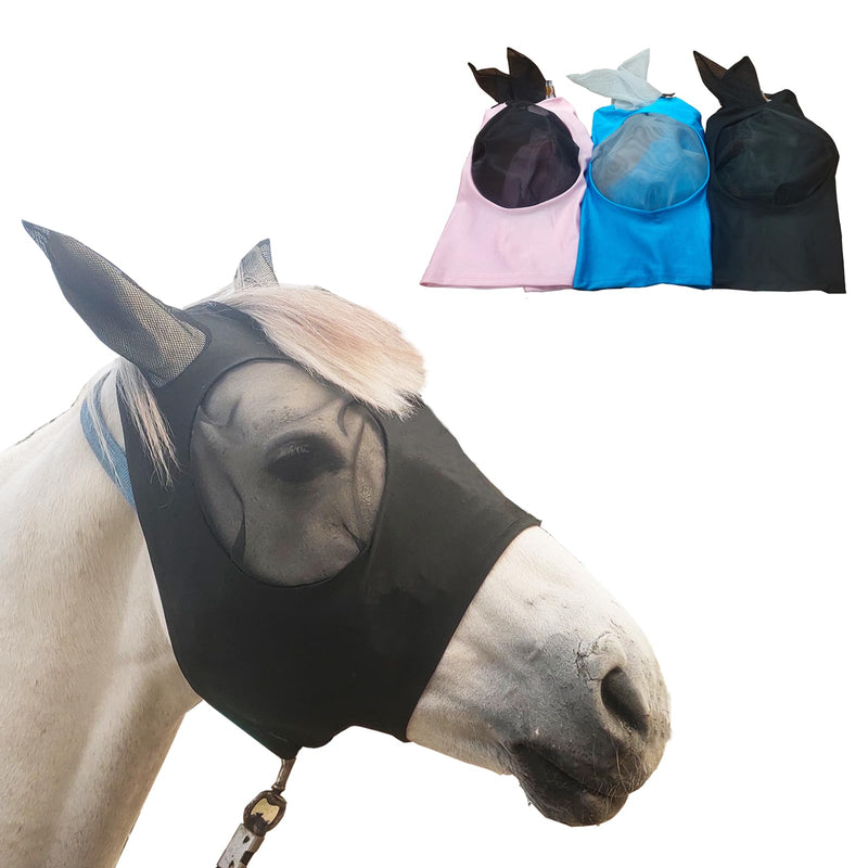 Ride Horse Fly Mask with Ear Protection, Protective Face Cover, Super Stretchy Comfort for Horse-Adult, 3PCS-1Black1Blue1Rose Sakura