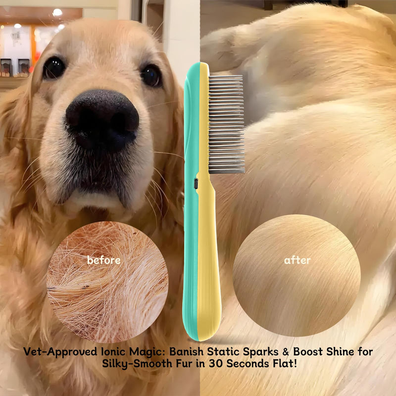 Premium Flea Comb for Dogs & Cats with Long Hair - 3-Row Stainless Steel Detection Tool with Manual Cleaning Brush | Electric Negative Ion Grooming Comb for Shaggy Dogs, Cats and Long-haired Animals - PawsPlanet Australia