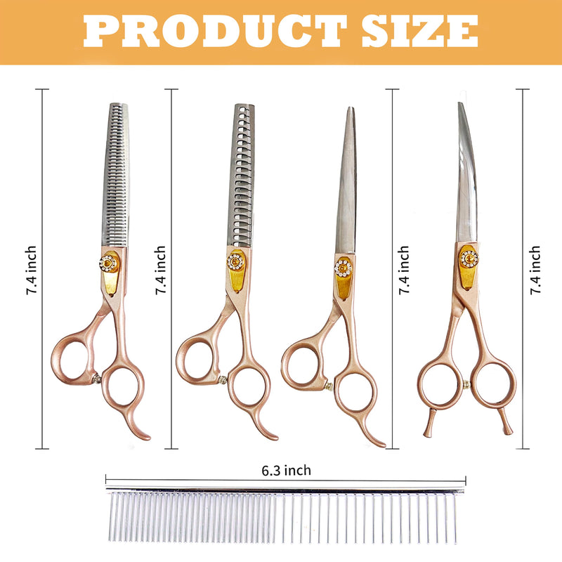 7 Inch Professional Dog Grooming Scissors Kit, 6-in-1 Grooming Scissors for Dogs, Pet Grooming Shears Set, Straight Scissor & Thinning Shear & Curved Scissor & Chunker Shear (Rose Gold) Rose Gold 4 pieces - Professional Kit - PawsPlanet Australia