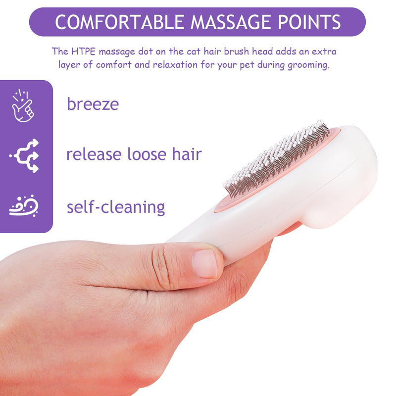 Cat Brush for Long or Short Haired Cats and Dogs, Self Cleaning Pet Hair Brush, Removes Loose Fur, Tangles, Mats, Dander, Dirt, Provides Relaxing Massage, Pink White - PawsPlanet Australia