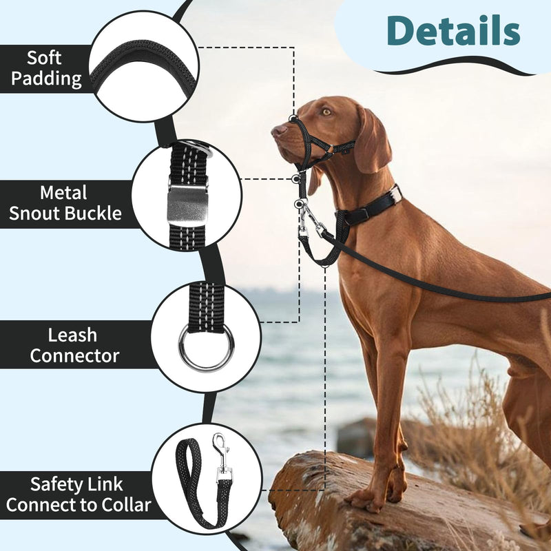 BARKLESS Sturdy No Pull Head Collar for Medium Large Dogs, Gentle Reflective Head Halter with Safety Link, Adjustable Nylon Dog Training Muzzle Leash for Walking Control (Black, XL) Black XL(Snout 10¼”-13”)