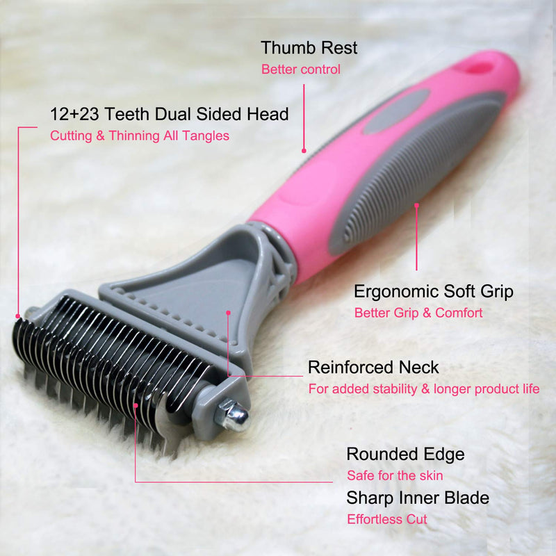 Pet Dematting Comb - 2 Sided Undercoat Rake for Cats & Dogs - Safe Grooming Tool for Easy Mats & Tangles Removing - Medium and Long Haired Cats Dogs Brush for Shedding Pink