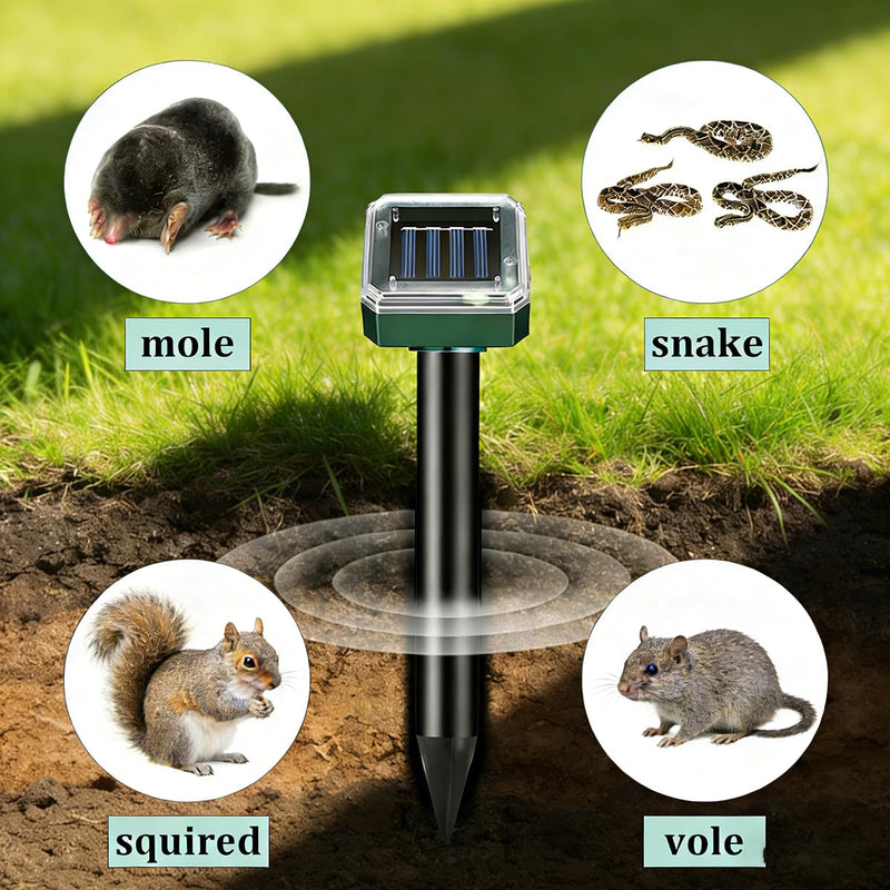 Mole Repellent 10 Pack, Animal Repeller Solar Powered Snake Ultrasonic Gopher Deterrent, Outdoor Waterproof Vole Vibration Stakes,Sonic Spike for Rodent Groundhog Snake Chipmunk