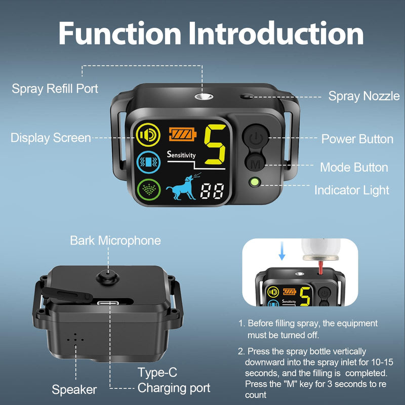 Citronella Bark Dog Collar Spray Dog Collar, with 5 Adjustable Sensitivity, Beep+Vibration+Spray 5 Working Modes Citronella Bark Collar, IP66 Waterproof Dog Spray Collar for L/M/S Black Black-QT - PawsPlanet Australia