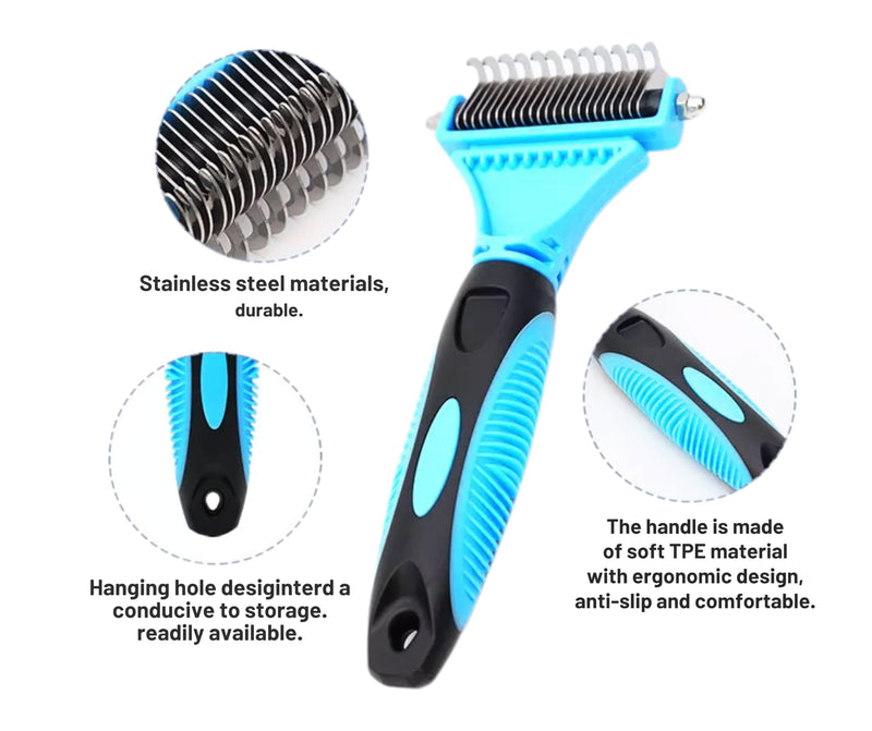3-in 1 Dog & Cat Grooming Supplies- Self-cleaning Slicker Brush, Deshedding Rake Comb, And Finger Toothbrush For Dogs & Cats | Perfect For Pet Grooming Kit, Dematting And Dental Tool (blue) blue - PawsPlanet Australia
