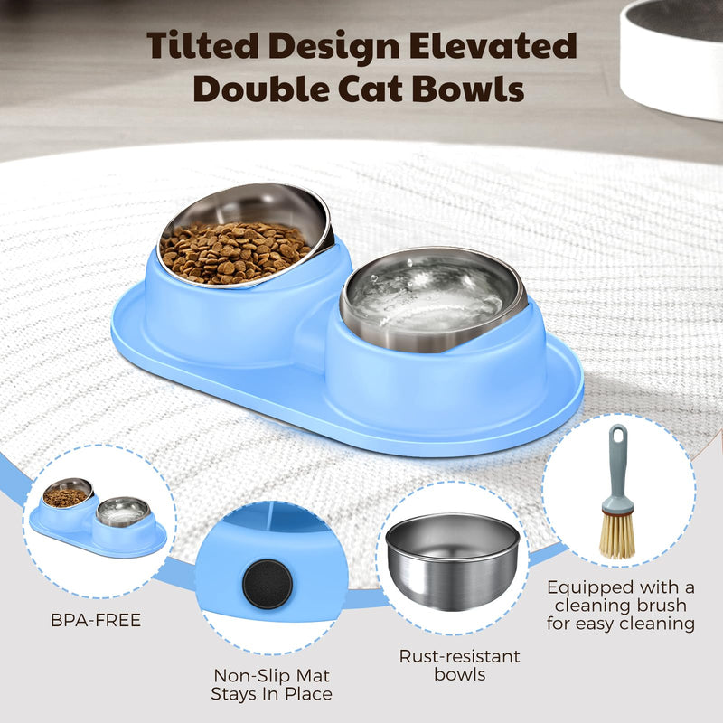 Cat Bowls 2 Stainless Steel Bowl for Pet Dog Water and Food Feeder with Non Spill Skid Resistant Silicone Mat,Tilted Bowls Elevated Anti Vomiting, Non-Slip Base, Ant Proof Food & Water.Blue Blue