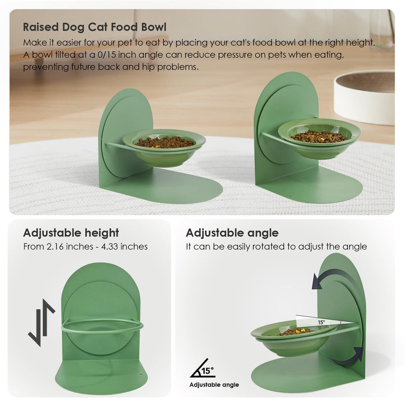 2-Pack Adjustable Cat Bowls with Magnetic Iron Stand & Ceramic Bowls – Dual Height & Angle Adjustable, Non-Slip Design for Comfortable Feeding 2PCS-Green