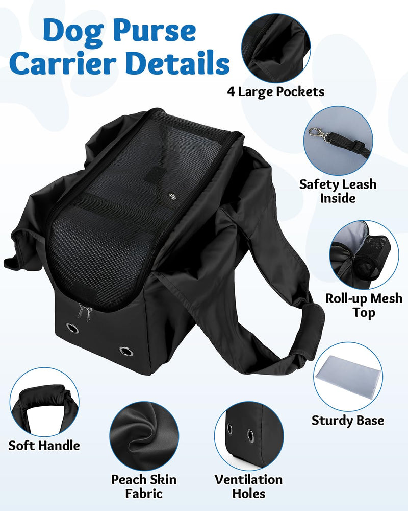 Dog Purse Carrier for Small Dogs and Cats up to 15 lbs, Portable Soft Sided Travel Pet Tote Bag with 4 Large Pockets,Foldable Puppy Bag Carrier for Outings and Travel (Black) Black - PawsPlanet Australia