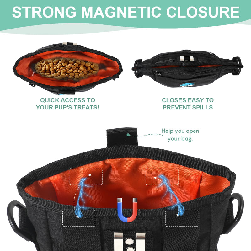 Dog Treat Pouch Magnetic Closure with Training Clicker，Hands-Free Design to Prevent Spills，Built in Poop Bag Dispenser，3 Ways To Wear，Metal Clip Waist Belt and Fanny Pack for Pet Walking（Black） Black - PawsPlanet Australia