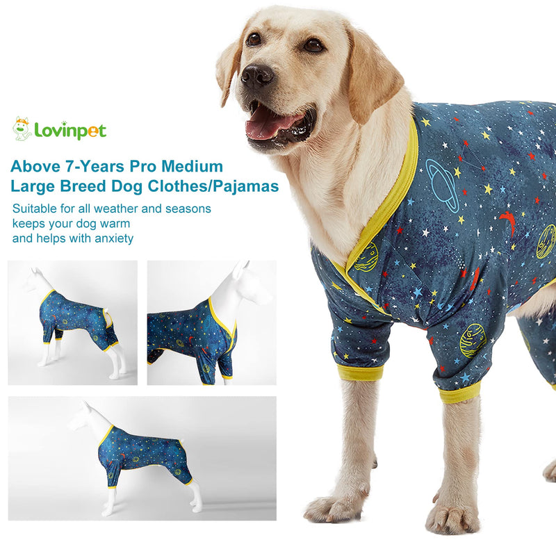 LovinPet Large Dog Surgery Recovery Shirt, Undershirt for Dog Coats, Anti Licking, Pitbull Clothes, Pet Anxiety Onesies, Navy Space Print, Pet Pajamas for Dogs, Pitbull Onesie, L Yellow collar/Blue