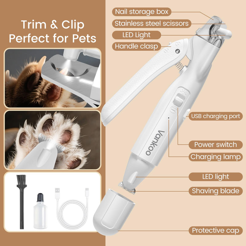 2 in 1 Dog Nail Trimmers & Clippers with LED Lights, Splash Guard - Pet Hair Trimmer for Around Paws, Ear, Eye,Face, Rump Rechargeable & IPX7 Waterproof Grooming Supplies for Cats, Dogs - PawsPlanet Australia