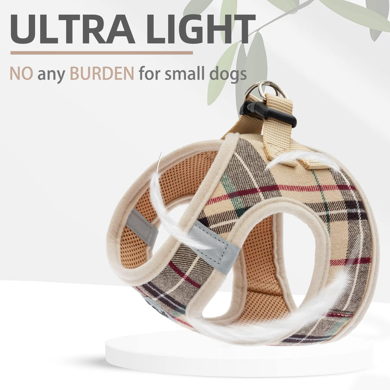 PUPTECK Dog Harness Small Dog with Collar and Lead Set Step-in No Pull Puppy Cat Harnesses for Daily Walking S: Chest girth: 36.8-40.6cm Collar: 20-30cm Beige (Plaid) - PawsPlanet Australia