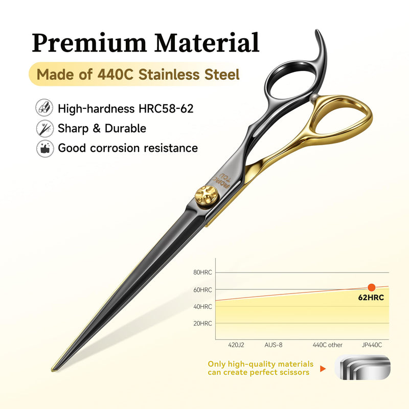 7'' Straight Dog Grooming Scissors CNC 440C Blades Sharp and Durable Dog Shears Black and Gold Pet Scissors Smooth Cutting Easy to Use for Professional Groomer - PawsPlanet Australia