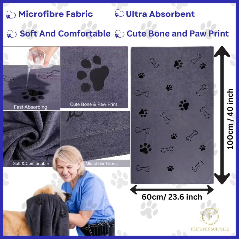Grooming set for Dogs Easy-Clean Pet Hair Remover Brush, Microfibre Towel, Silicone dog Shampoo Brush, Finger Toothbrush+Bonus Vintage Paw Charm | Perfect Dog Gift Set (Grey) Grey - PawsPlanet Australia