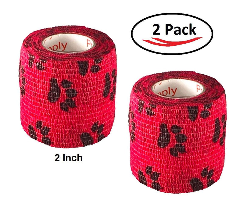 Vet Wrap Wrap Tape (Red with Paw Prints) (2 Pack) (3 Inch x 15 feet) Self Adhesive Adherent Adhering Cohesive Flex Self Stick Bandage Grip Roll Dog Cat Pet Horse 2 Rolls Red With Black Paws - PawsPlanet Australia