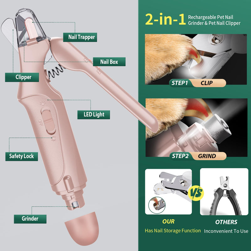 2 in 1 Dog Nail Clippers & Cat Nail Clippers Trimmers for Large Medium Small Dogs Cats Claw Trimmer Quick Sensor and Safety Guard USB Rechargeable Dogs Nail Trimmer with Catcher & 2 LED Lights Pink
