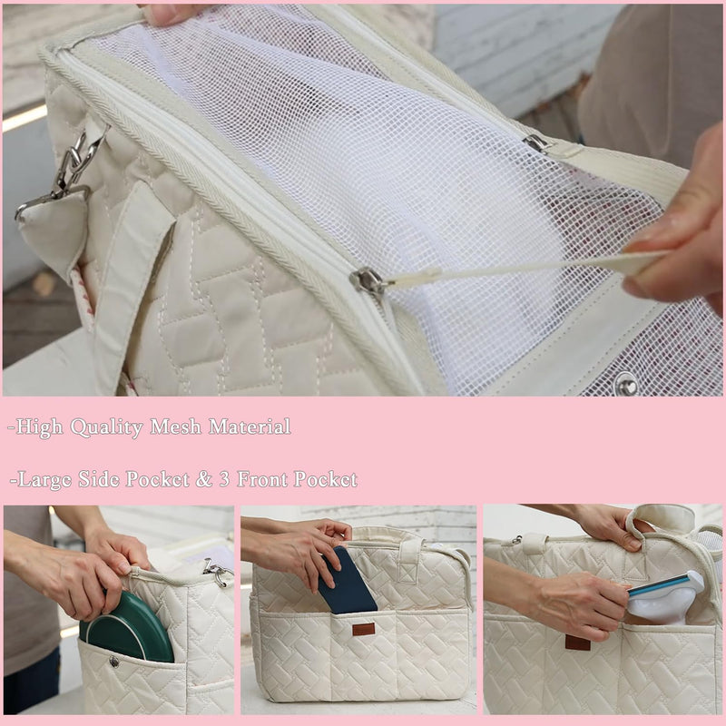 HSC PET Beige Small Dog Bag Woman,Cat Carrier Quilted Pet Soft Sided Leisure Pups Totes Traveling Go to Vet,Pet Function Handbag with 3 Pockets,12 lbs Puppy/15 lbs Cat or Kittens 16.1"L x 11.8"W x 7.1"H - PawsPlanet Australia