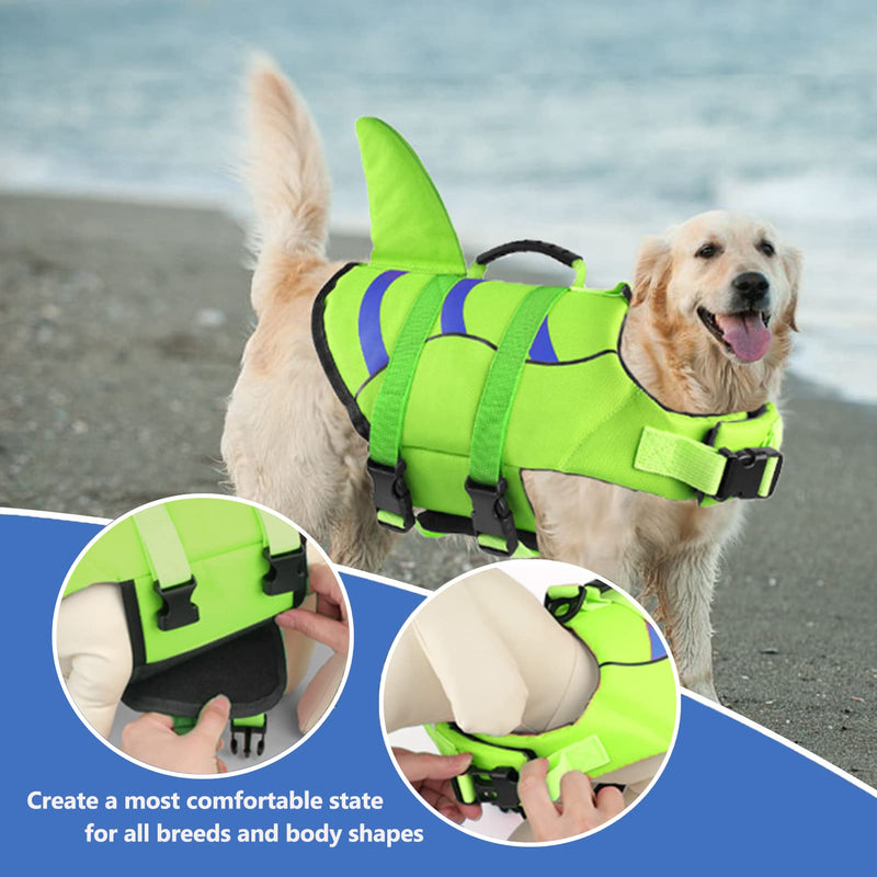 Fragralley Shark Dog Life Jacket, Adjustable Dog Life Vest with Shark Fin, Suit for Small Medium Large Dog life vest for Swimming and Boating X-Large Green-Wave Shark