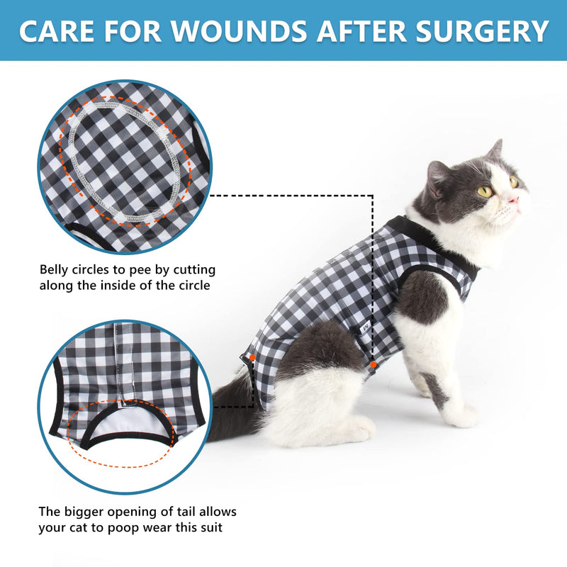 Etdane Cat Surgical Recovery Suit Pet Surgery Onesies Long Sleeve Shirt Small Dog Vest for Female Male Doggy Black & White Grid Small - PawsPlanet Australia