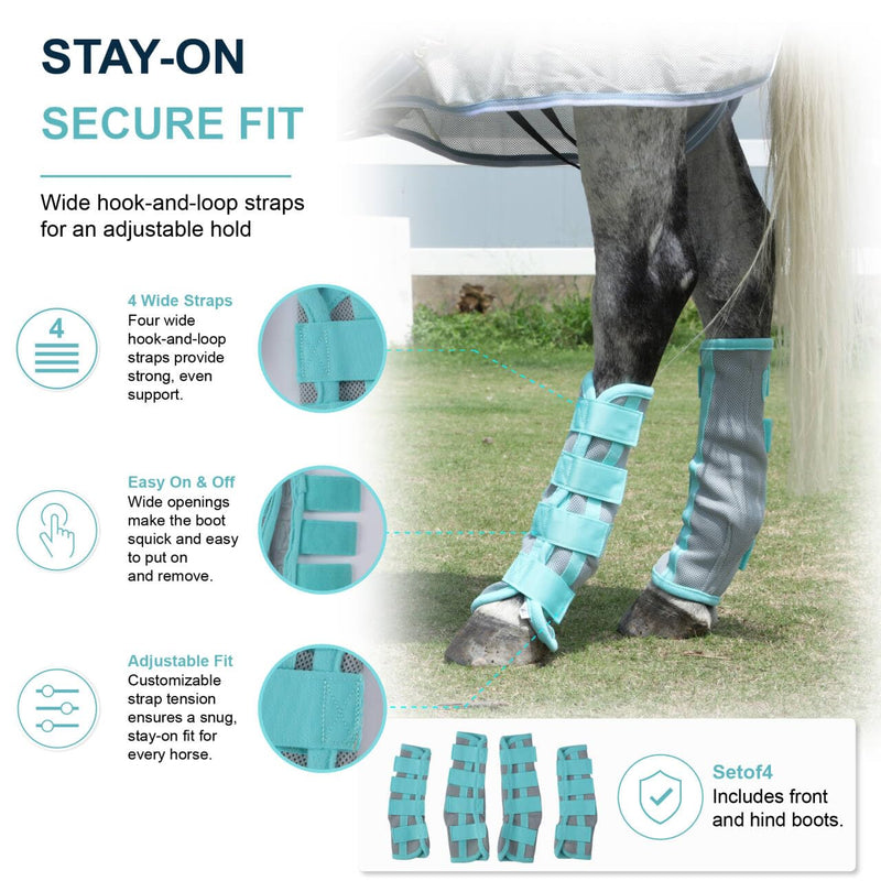 Horse Fly Boots Set of 4 - No-Rub Airflow Mesh Leggings to Reduce Stomping - Stay-on Breathable Horse Leg Wraps for Pasture, Stable & Field Green Full