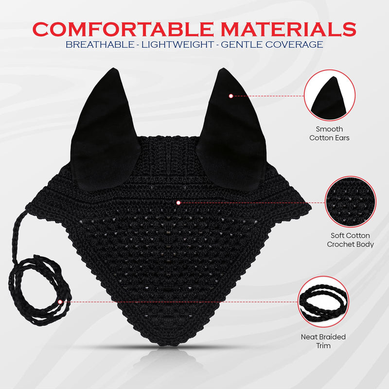 Equine Care Horse Fly Bonnet Full Size Black – Breathable Cotton Crochet Ear Bonnet, Fly Veil & Ear Net for Horses with Noise Reducing Cotton Ears for Dressage, Hunter Jumper & English Riding