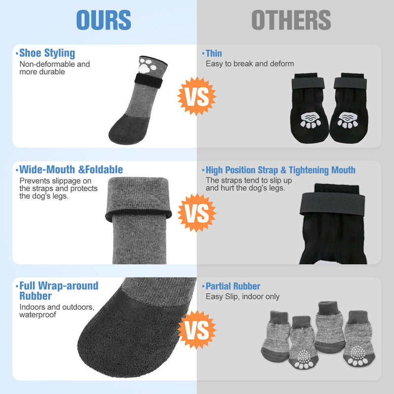 BEAUTYZOO Anti Slip Dog Socks Boots, Dog Shoes for Hot/Cold Pavement Snow Rain Days,Waterproof Grip Dog Booties Paw Protector for Hardwood Floor, Prevent Licking for Small Medium Large Senior Old Dogs Grey Small/Medium