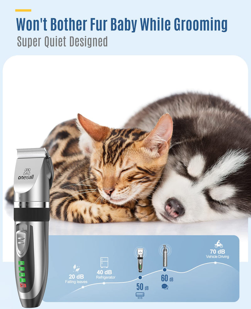 oneisall 2 in 1 Pet Cat & Dog Grooming Kit - Quiet Cordless Dog Clippers & Paw Trimmer for Grooming Pet Hair Silver - PawsPlanet Australia