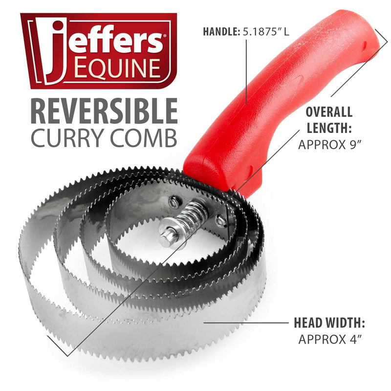 Jeffers Equine Reversible Shedding Curry Comb for Horses or Goats, Pets – Dual Sided Stainless Steel Blade Tool for Grooming, Dirt & Hair Removal – Spring Action Handle – Red Handle - PawsPlanet Australia