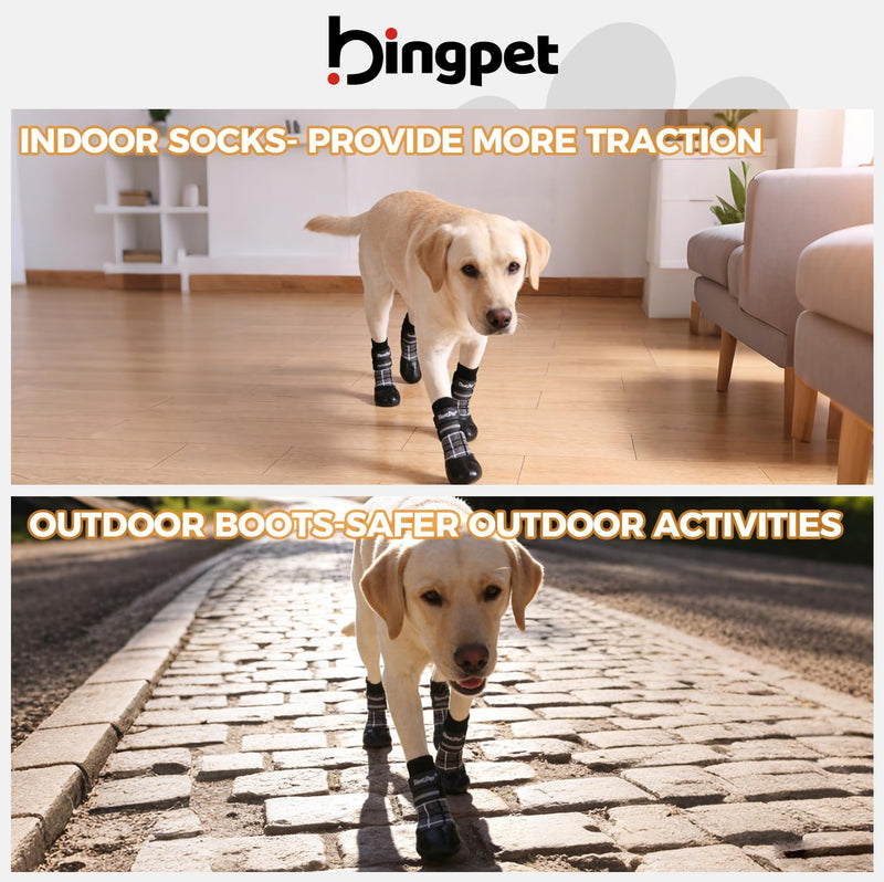 BINGPET Waterproof Dog Socks Boots to Prevent Licking Paws,Anti Slip Dog Booties & Paw Protectors with Dual Straps for Hot/Cold Pavement,Indoor Outdoor Grip Dog Shoes for Small Medium Large Senior Dog Plaid Grey - PawsPlanet Australia
