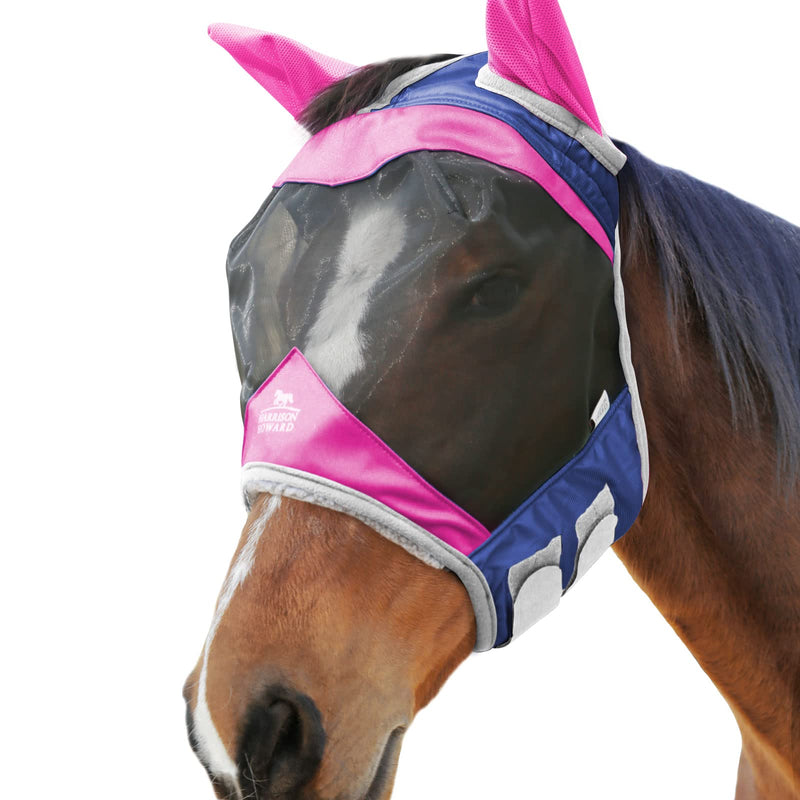 Harrison Howard Luxe Dual-Tone Horse Fly Mask Half Face with Ears Fully Visible UV-Blocking Fine Mesh Soft Fleece Edging for Extra Comfort Fuchsia/Navy L Full Size Full (Large)